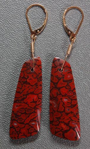 Stunning, Red Dinosaur Gembone Earrings - Gold Findings #22528